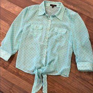 Sheer Mint green blouse with orange polka dots